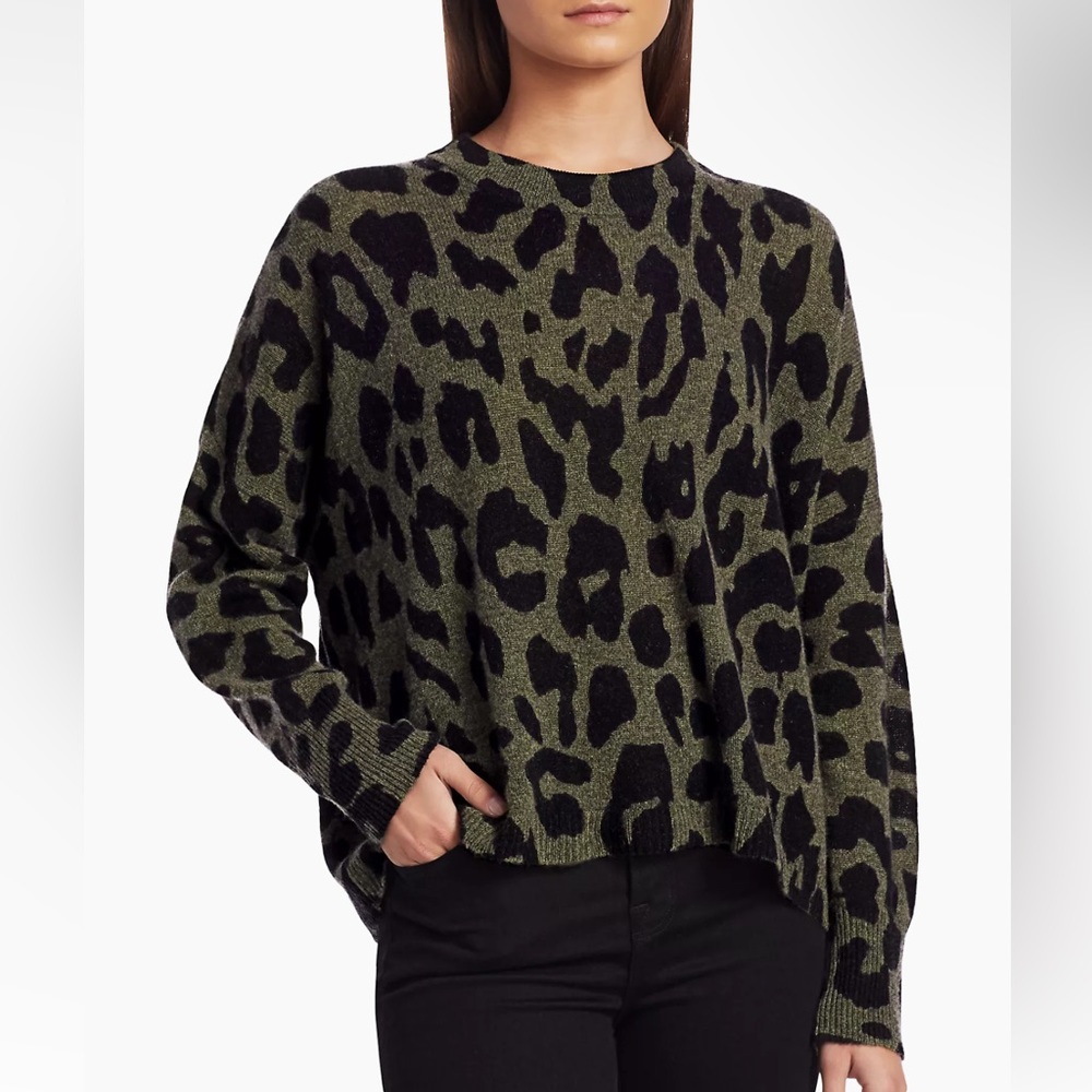 360 Cashmere Marsha Leopard-Print Cashmere Sweater sz XS green black